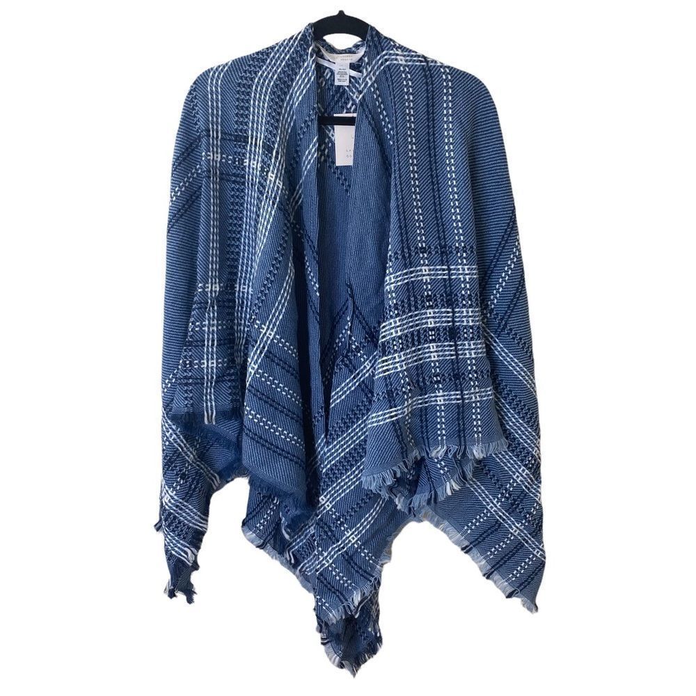 🎉LC Lauren Conrad Blue Plaid Wrap Shawl - Picture 2 of 9